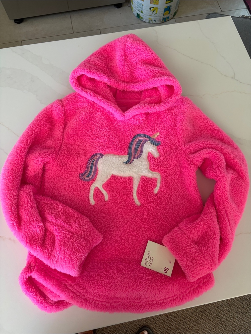 SO Hot Pink Plush Hooded Sweatshirt with Unicorn Applique